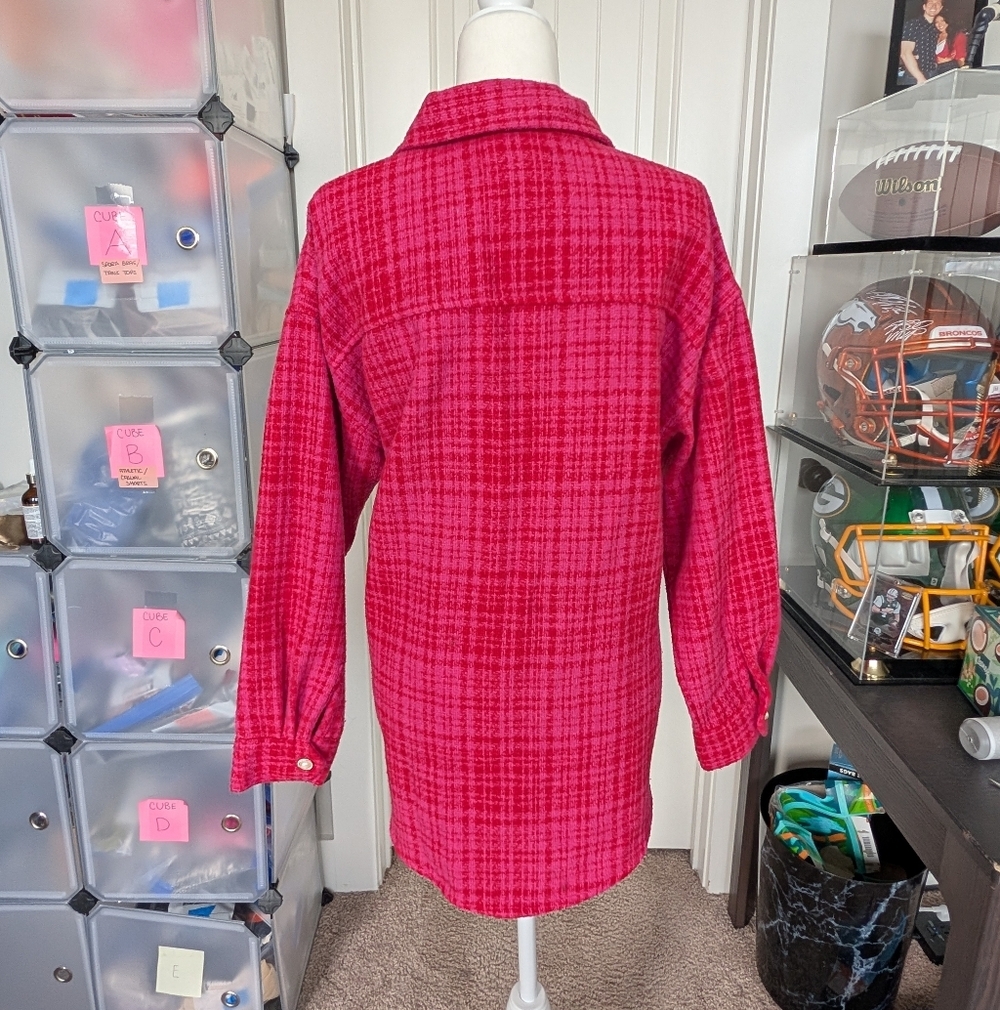 Forever 21 Vibrant Pink Plaid Oversized Faux Pearl Diamond Blazer Jacket Medium - Picture 4 of 13